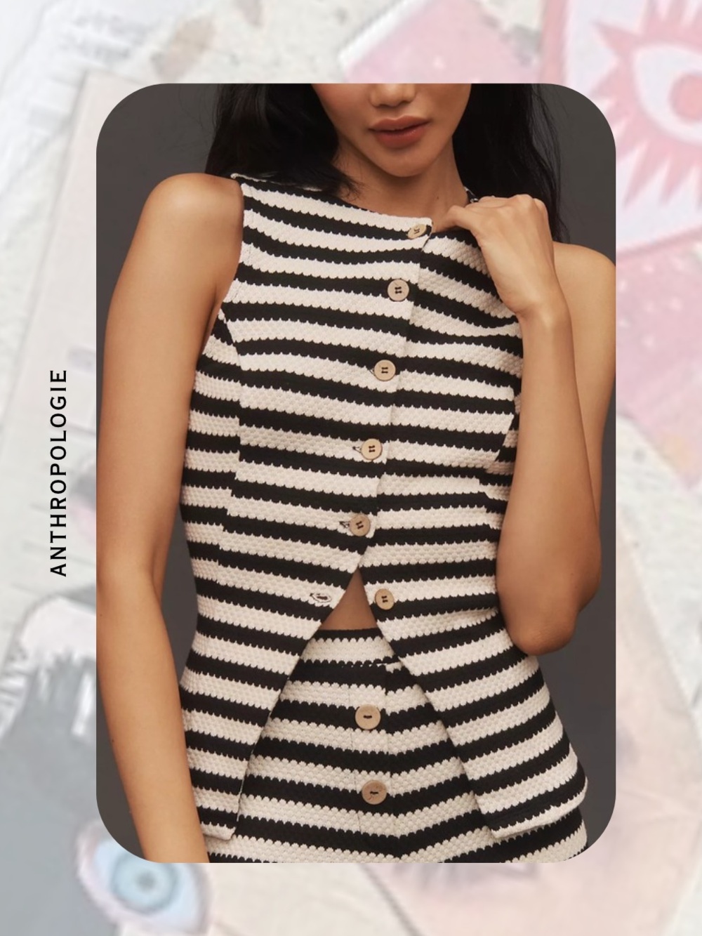 🎉Anthropologie Black & White Striped Knit Button Up Sleeveless Vest Top - Picture 3 of 15